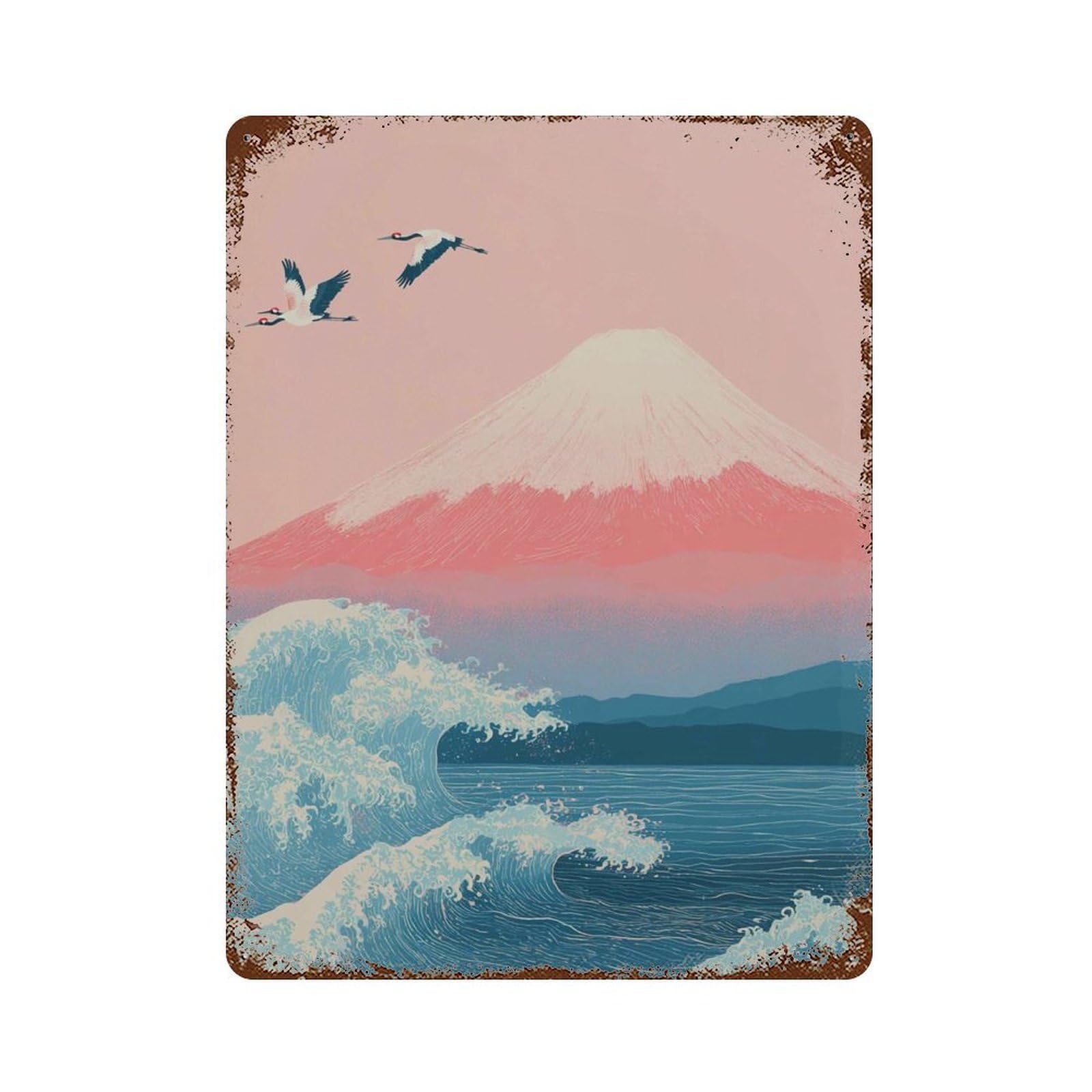 xiaoxiaoshen Mount Fuji Japanese Wave And Cranes Pink Sunset Landscape Work Asian Inspired Wall Decor Art Metal Tin Poster Modern Home Decor Art Home Bar Shop Decorations Vintage Sign 40x30cm
