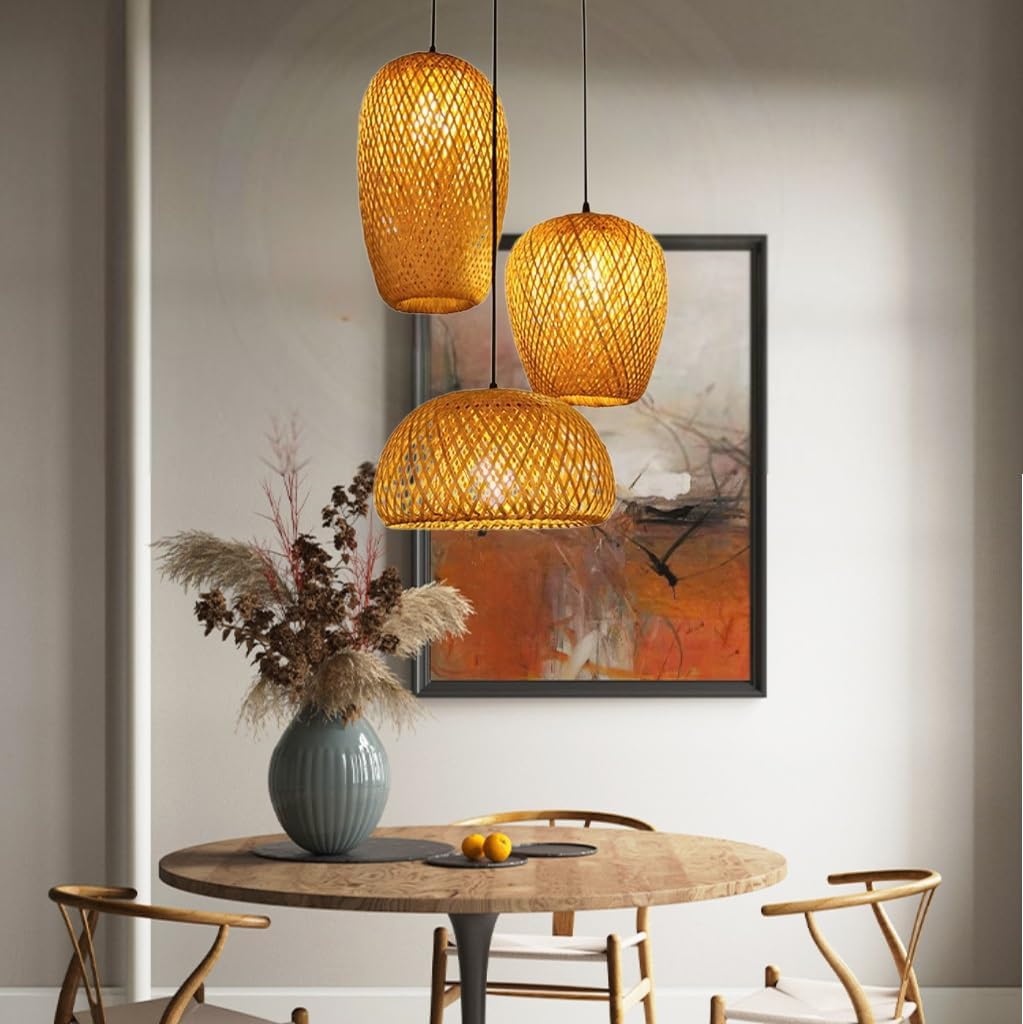 COCOL Hängelampe aus Bambus, gewebt, Retro, Landschaft, Korridor, Hängeleuchte, handgewebt, dreiteiliges Set, E27, Bambus, Natur, Wohnzimmer, Esstisch, Esszimmer, Kronleuchter, dekoratives Licht