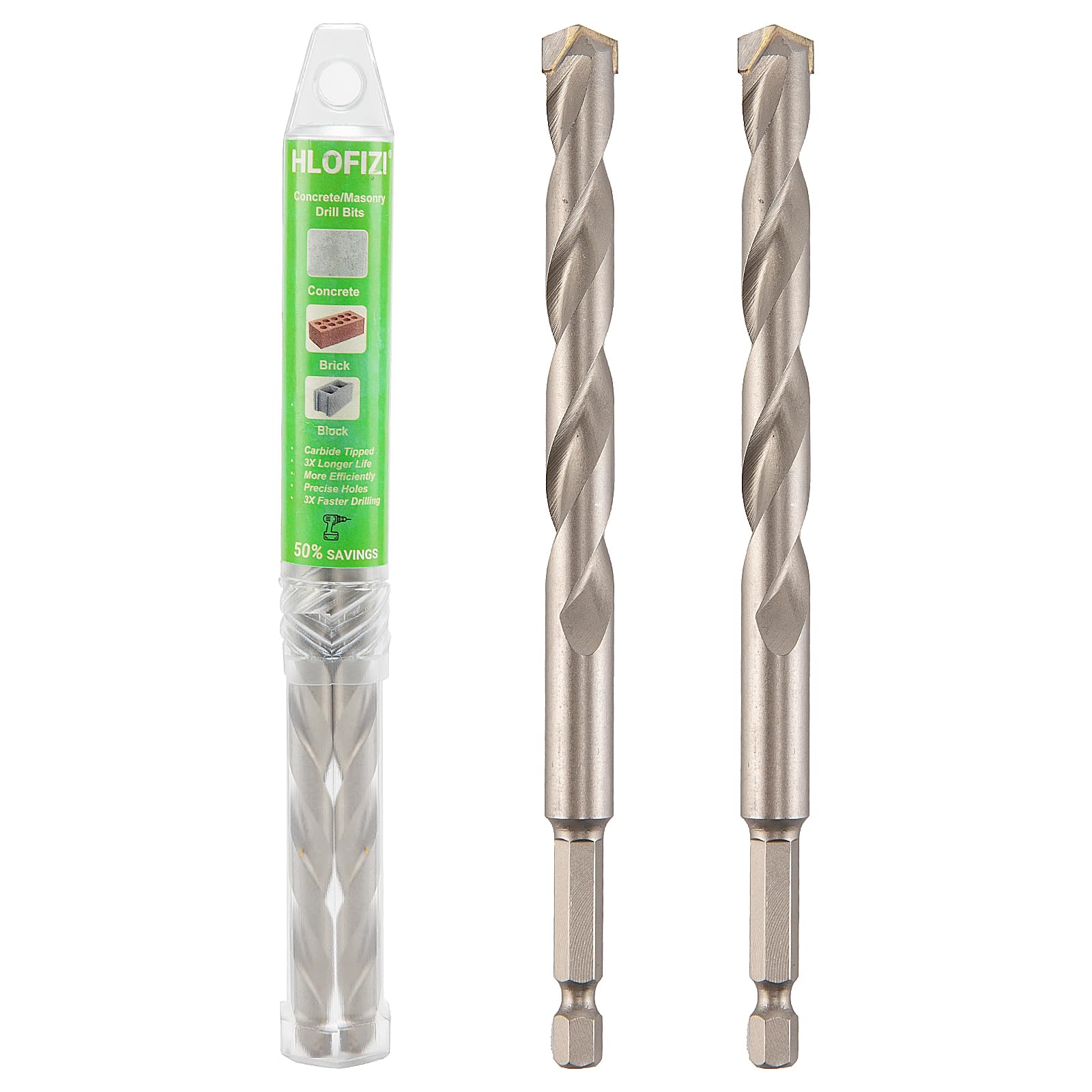 HLOFIZI 3/8" x 6" Masonry Drill Bits 3/8 inch Concrete Hammer Drill Bits, for Cement, Brick, Stone, Block, Stucco Wall, 2 Pack, Hex Shank