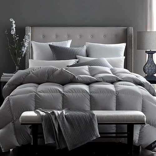Globon Fusion White Goose Down Comforter Queen Size, Heavy Weight Duvet Insert for Winter 50 Ounce, All Cotton Shell,with Corner Tabs, Winter, Grey
