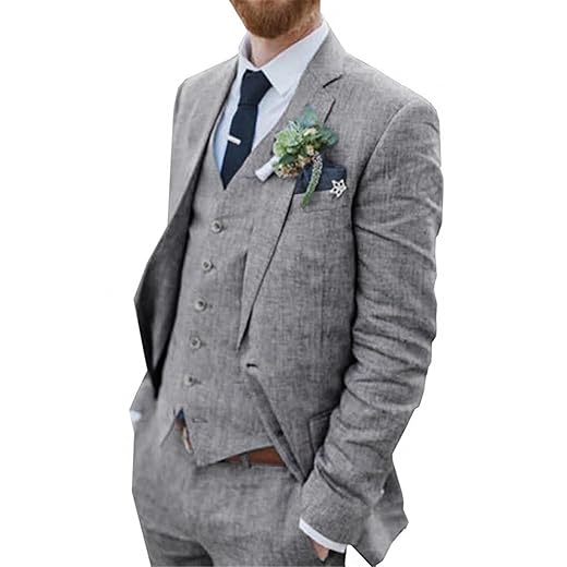 Terno masculino retrô de linho, praia, casamento, verão, caimento justo, 3 peças, leve, de linho, colete e calça smoking