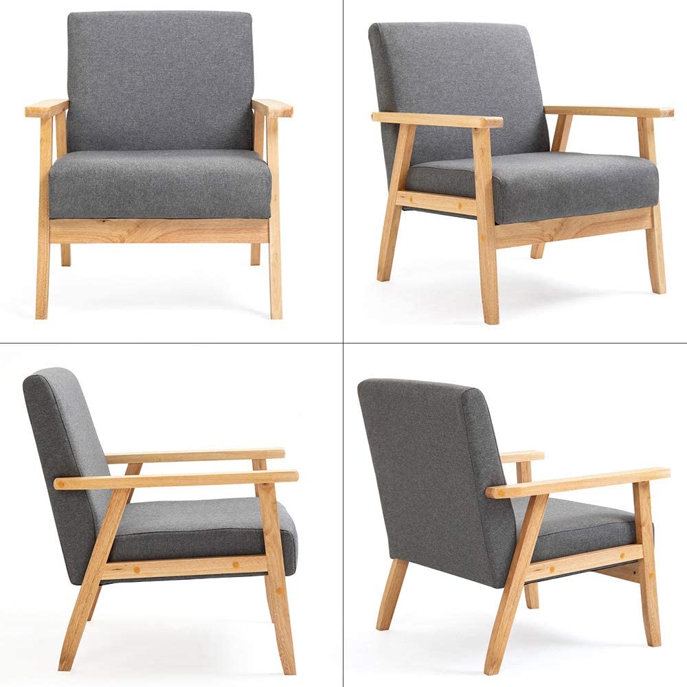 Mingone 2er Set Sessel Gepolsterter Cocktailsessel Skandinavischer Stil Loungesessel Modern Einzelsofa Massivholz für Wohnzimmer Schlafzimmer Grau