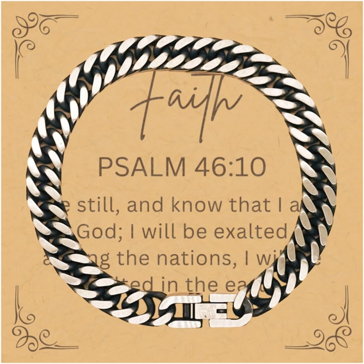 Gifts For Christian Bible Verse - Psalm 46:10 - Cuban Link Bracelet Faith Gifts For Son Dad Brother Nephew Boyfriend Husband, Religious Jewelry Bracelet Message Card Box