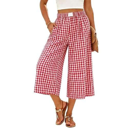 Marvmys Women's Cotton Capri Pants Plaid Gingham Elastic Waist Casual Wide Leg Palazzo Culottes Pants with Pockets S-2XL