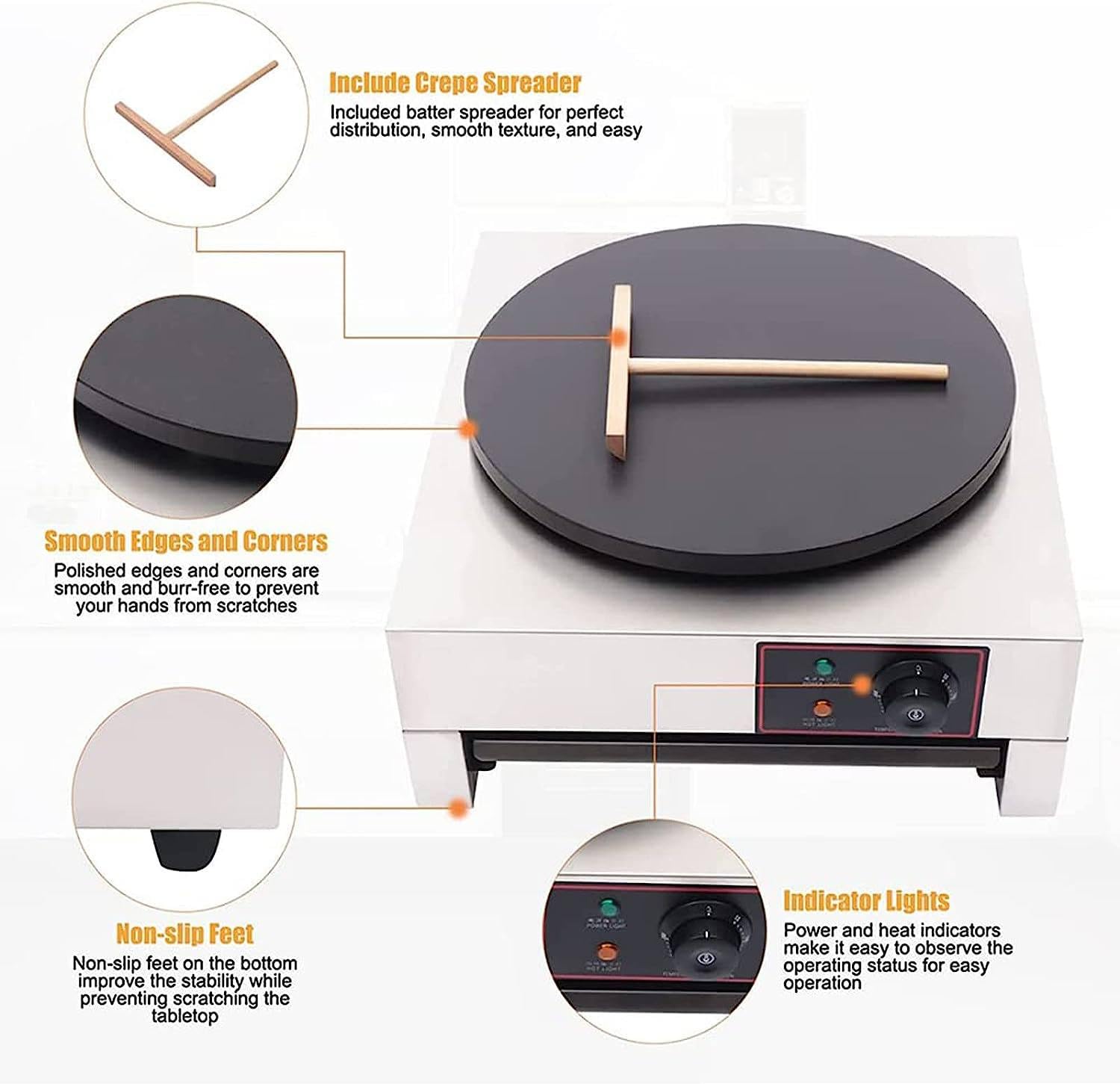 Crepera Profesional Electrica, Dispositivo Profesional, crepera, 45 cm (15.7 Pulgadas), Temperatura Ajustable, para Crepes Dulces, Galletas saladas, Tortitas y Tortitas,110V