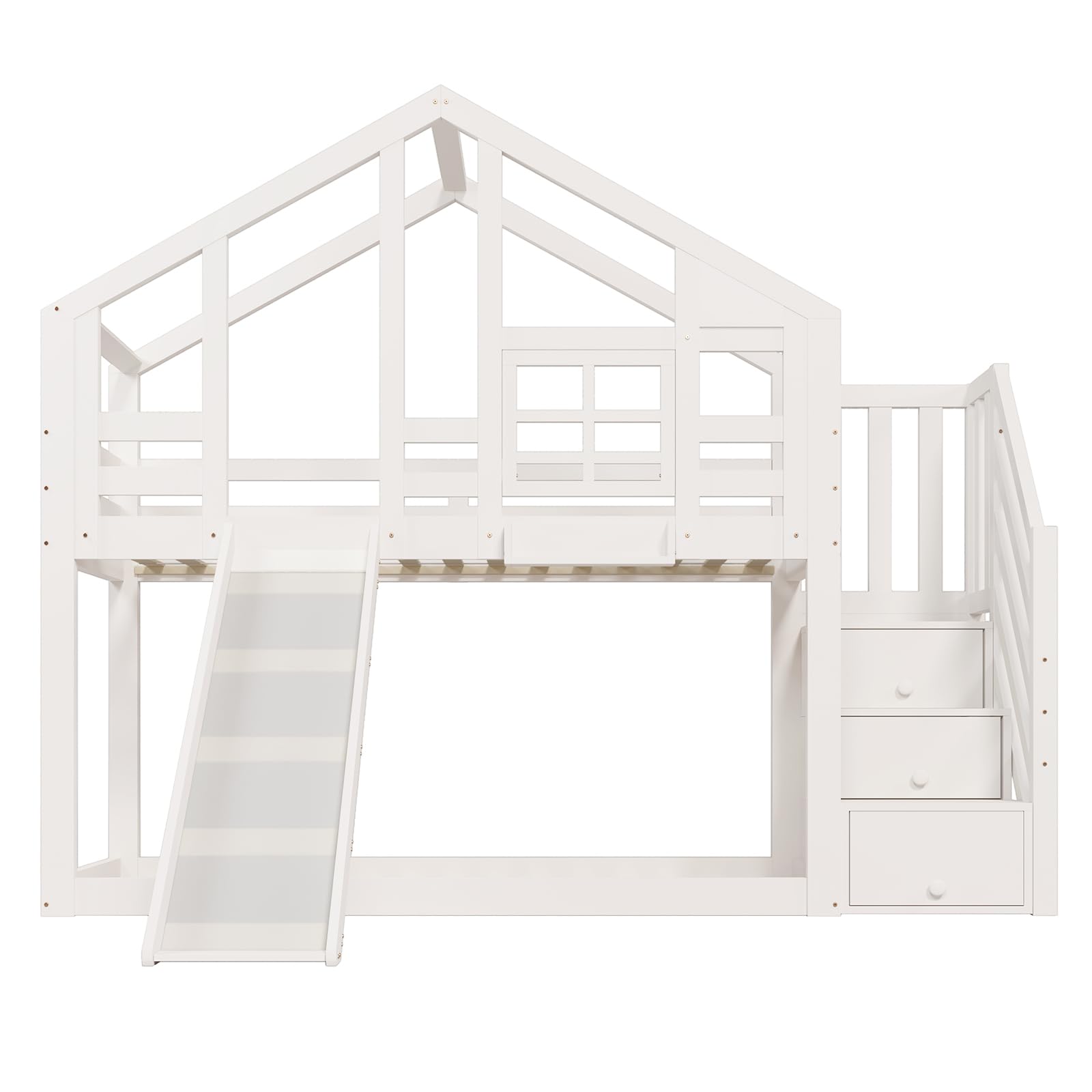 Lit Enfant, lit superposé, lit Triple, 90 x 200 cm, avec Toboggan et échelle, Toit au Design Unique, lit supérieur avec Espace de Rangement, pin et MDF (Blanc-C, 90×200 CM)