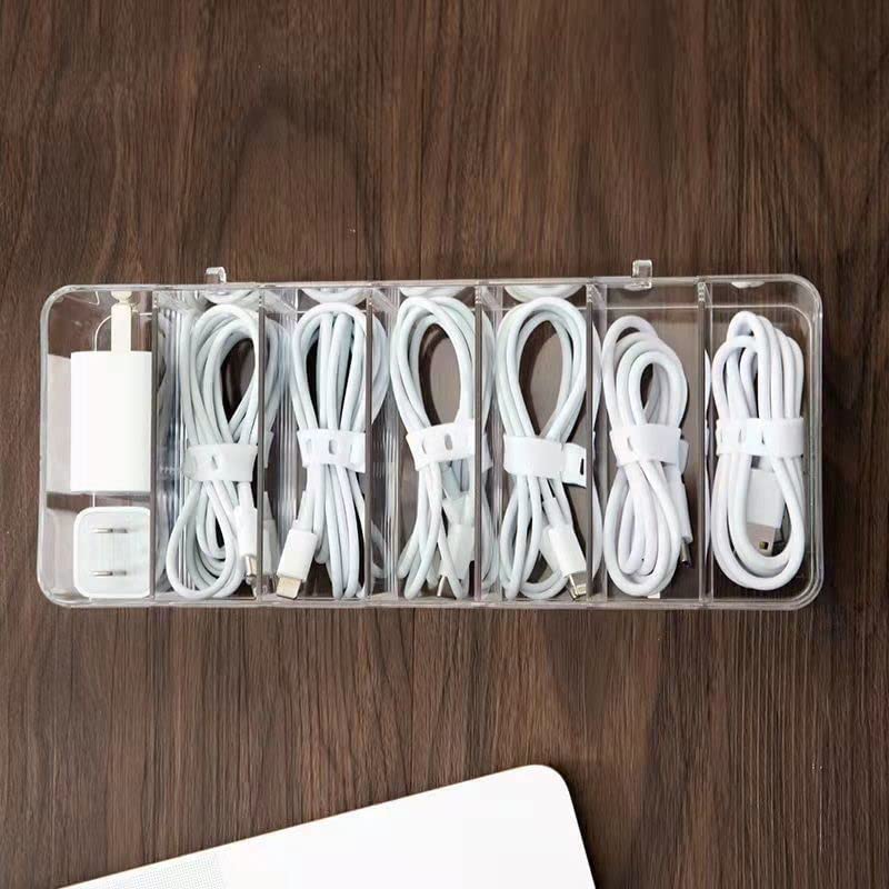 Plastic Cable Management Box, Cable Management Box,White Cable Management Box, with 10 Wire Ties, Clear Powe r Cord Organizer with 8 Compartment (2PACK)