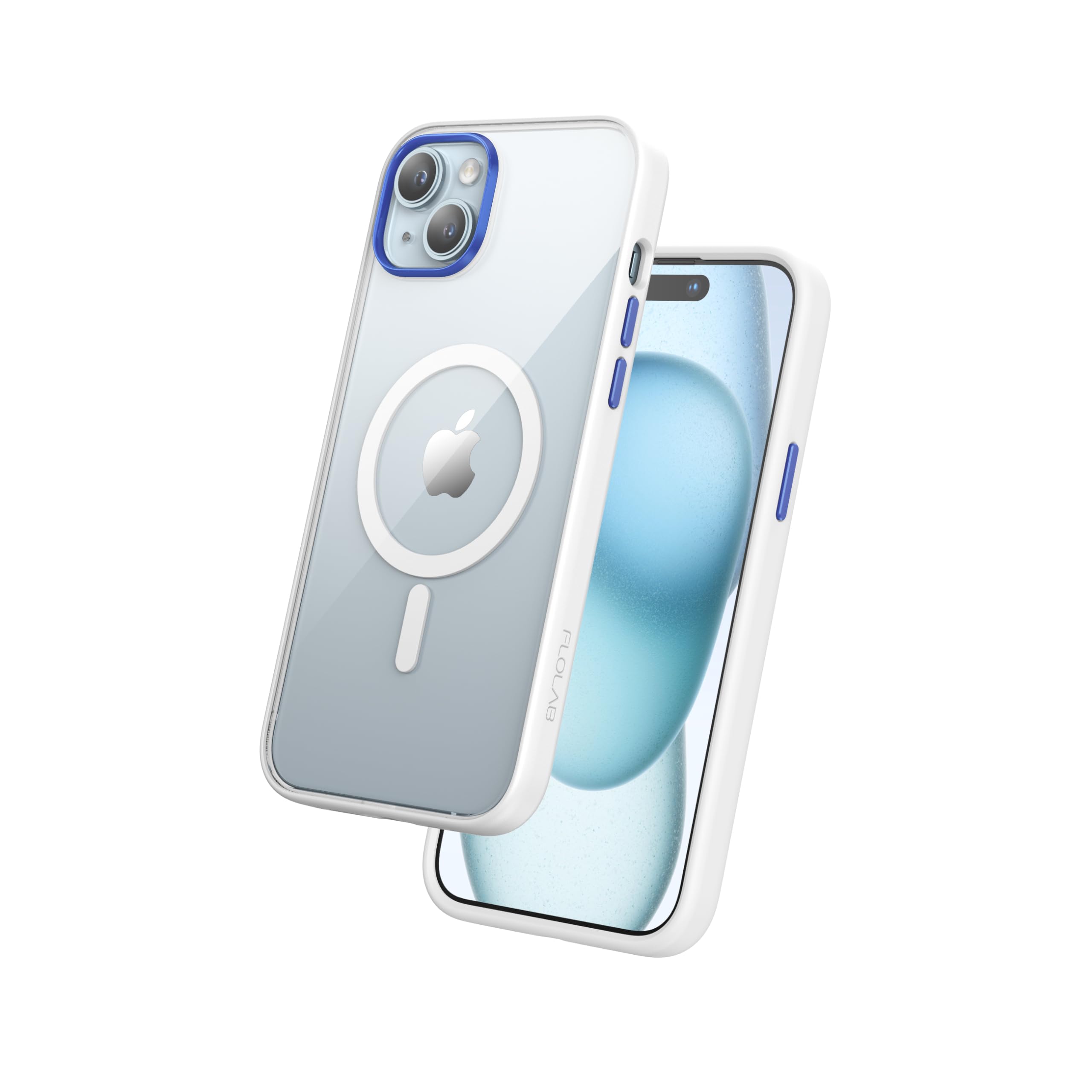 FLOLAB Surtect Tri-Fusion Magnetic for iPhone 15 Phone Case Protective Slim Design Magsafe Compatible Military Grade White Frame Clear - Blue Sapphire