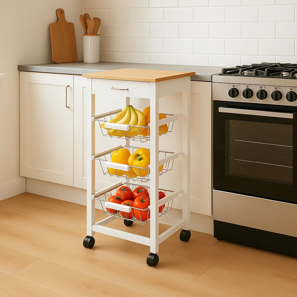 Verdulero frutero, Carro de Cocina con Ruedas, 37x37x85 Blanco Tapa Madera Oporto 6