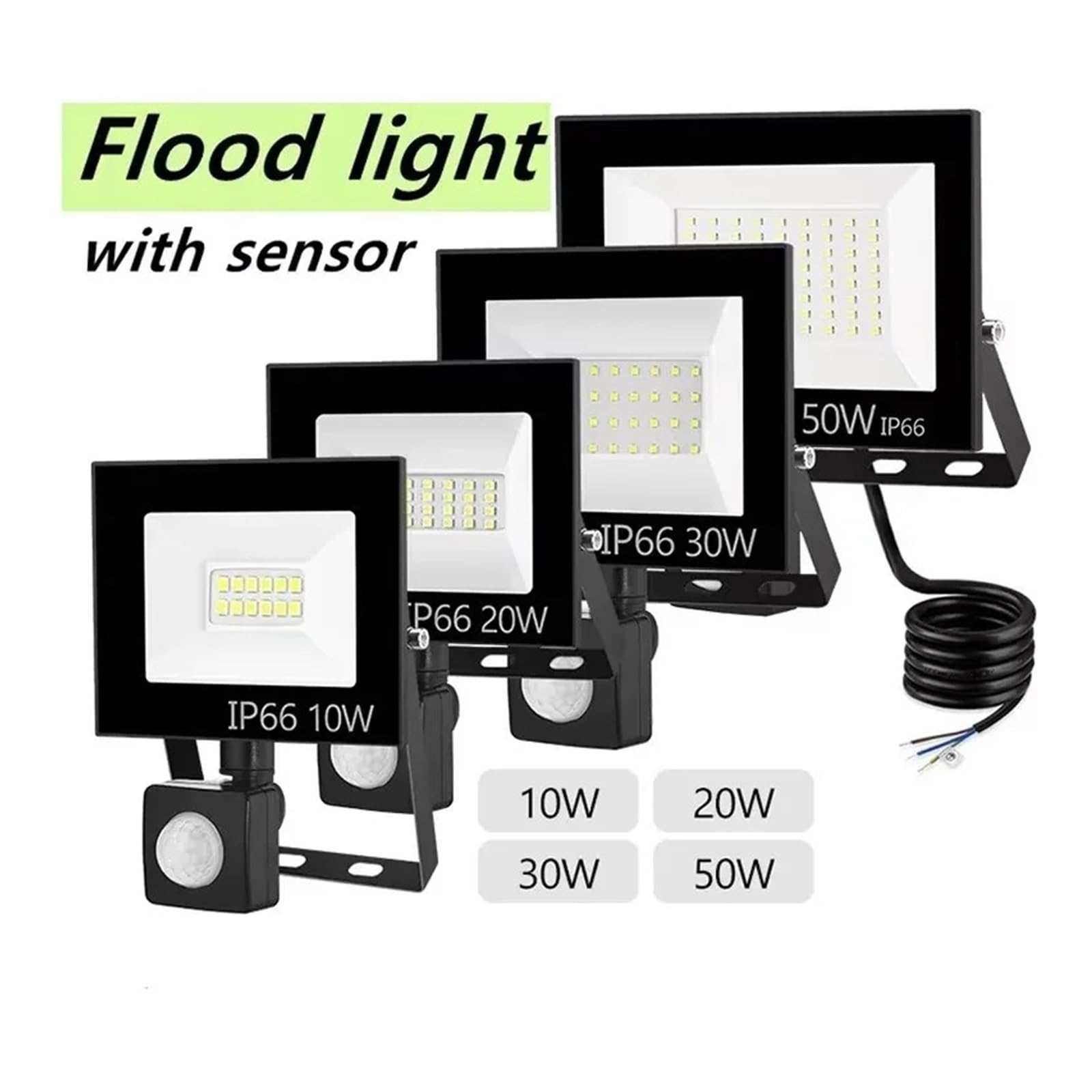 Proyector exterior, Proyector LED resistente al agua, 10 W, 20 W, 30 W, 50 W y 100 W, con sensor de movimiento y foco de calle.(Neutral light,10W)
