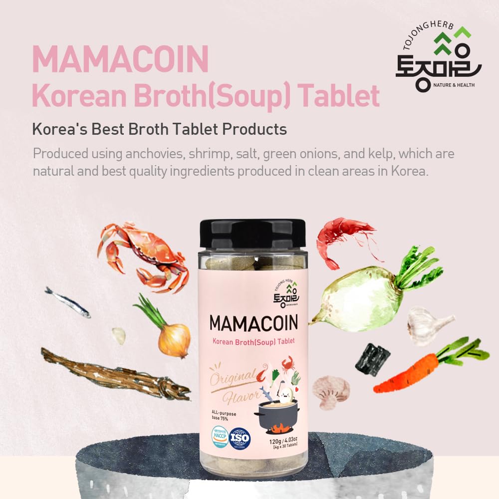 TOJONGHERB mama coin soup base tablet/Korean seafood broth tablet/ 4.03oz / 0.14oz X 30Tablets/ Seafood vegetable stock/anchovies