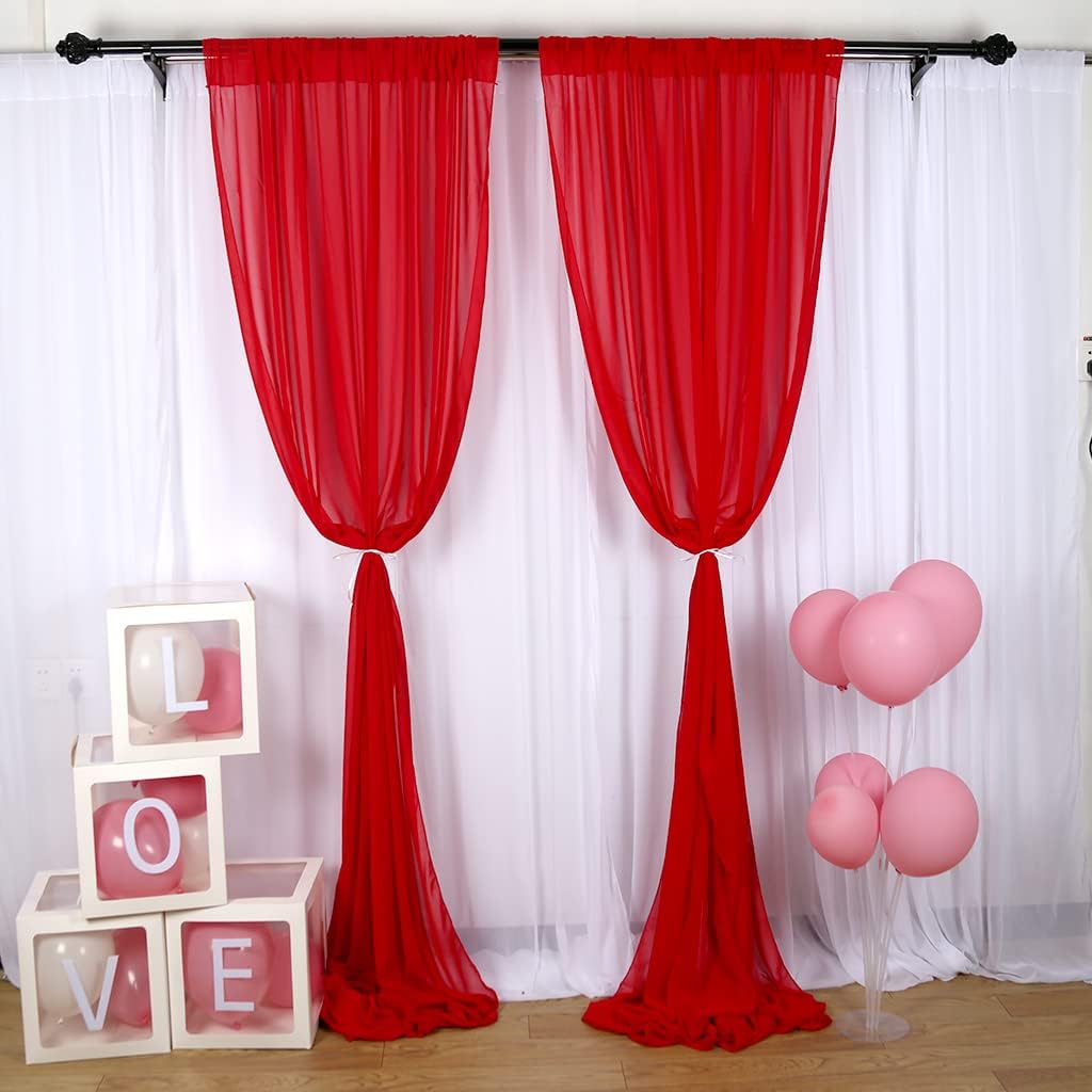Red Chiffon Backdrop Curtain, 2 Packs 28x120 Inches, 100% Polyester, Rod Pocket, for Weddings, Parties, Semi Sheer Curtains, Voile Curtains, Red Backdrop Drapes