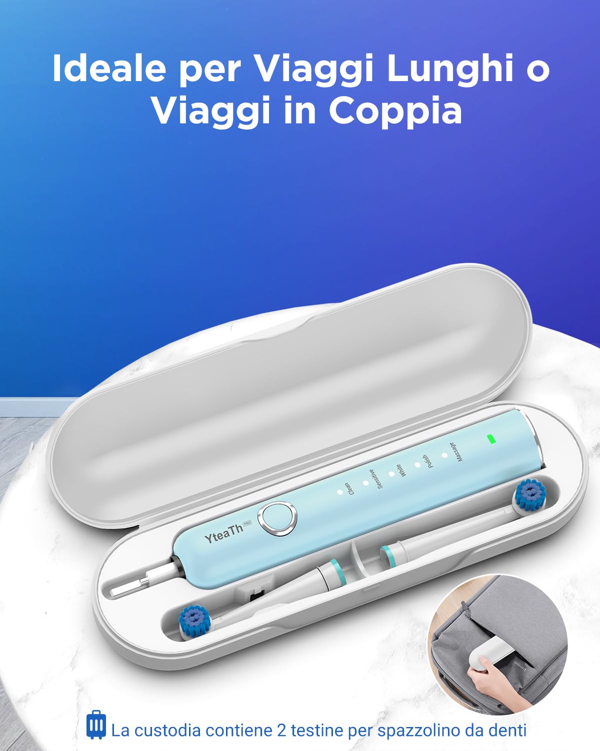 Spazzolino elettrico rotante con 8 testine (2 tipi) per adulti e bambini, durata della batteria 60 giorni, stazione di ricarica wireless da parete, 5 modalità, spazzolino sonico con custodia da