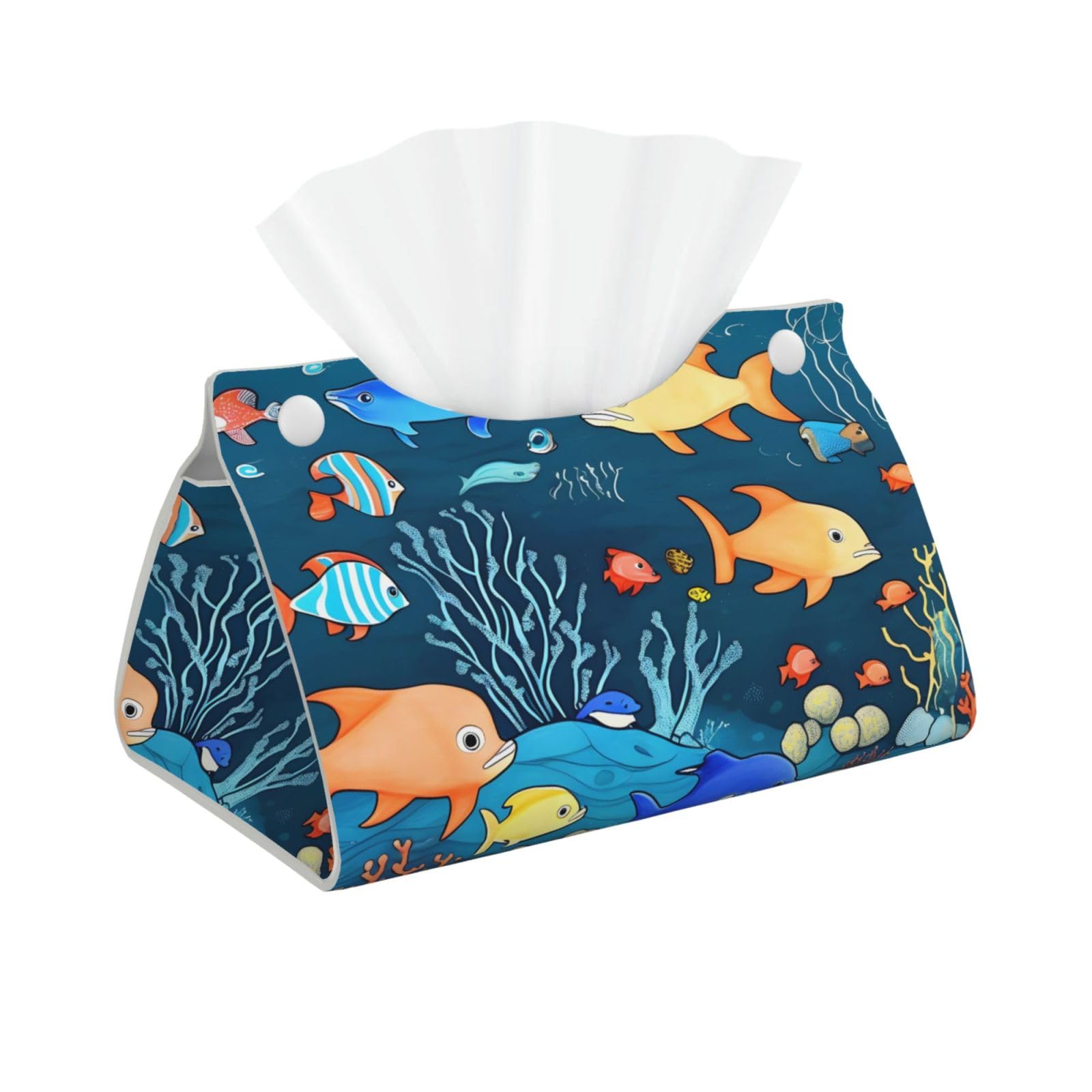 Blue underwater world of fish Long Leather Tissue Box Cover-Waterproof PU Leather Tissue Holder for Bathroom, Decorative Rectangular Tissue Case