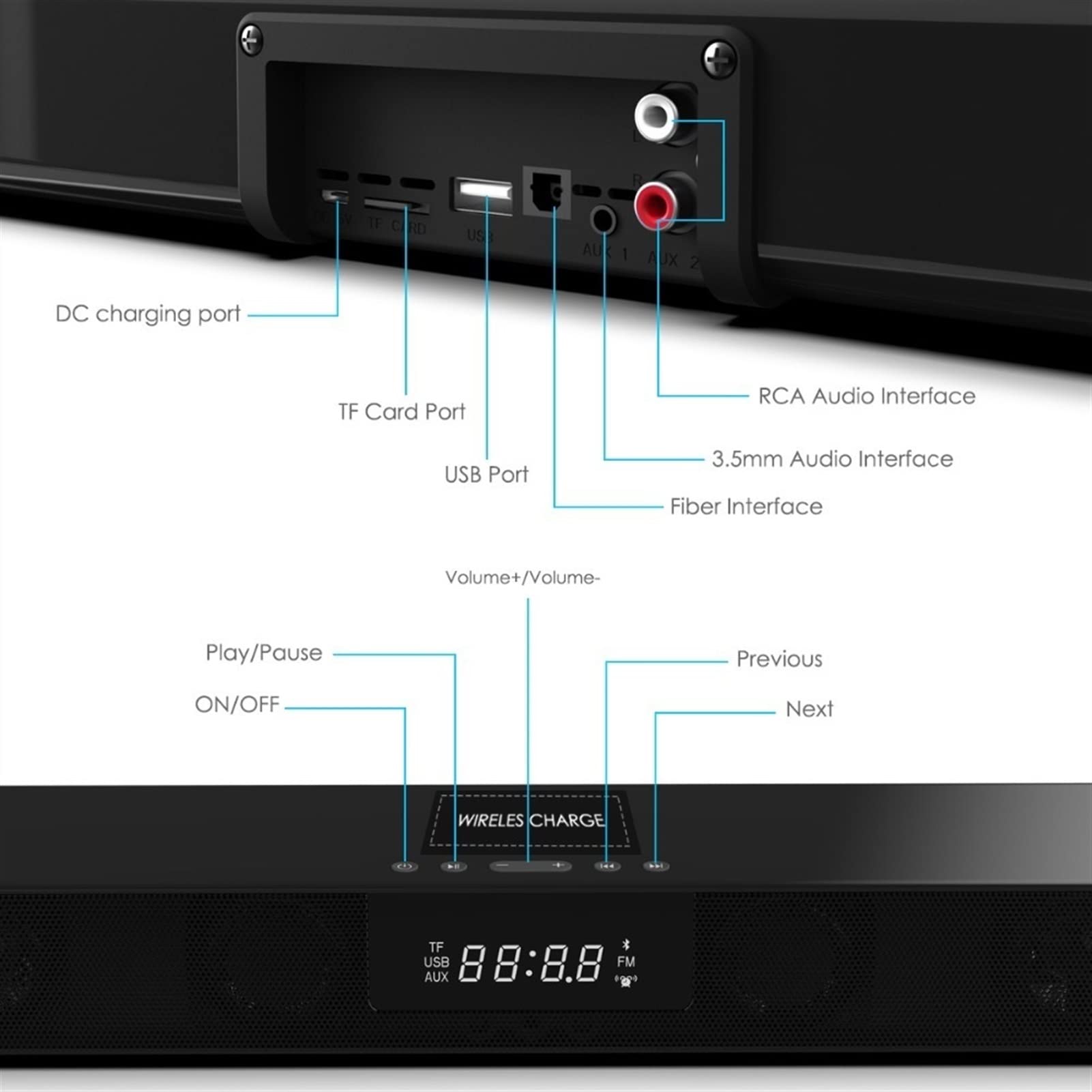 altavoz bluetooth Altavoz compatible con Bluetooth de la columna de Wireles televisor Barra de sonido de cine en casa Tf Reloj Rca Pantalla de visualización de carga inalámbrica altavoces pc