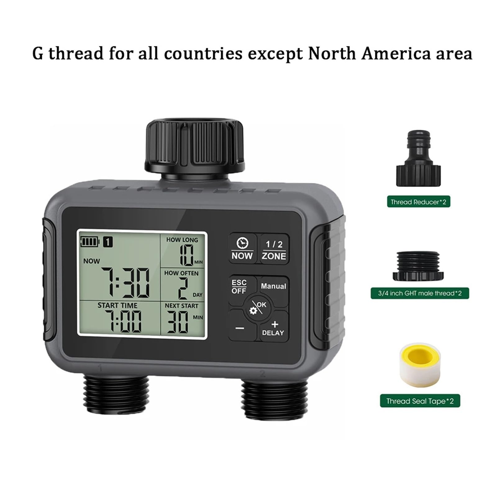 Temporizador de aspersor de 2 zonas programable IPX5 riego de jardín | Temporizador programable for sistemas de riego por goteo y césped.(G thread)