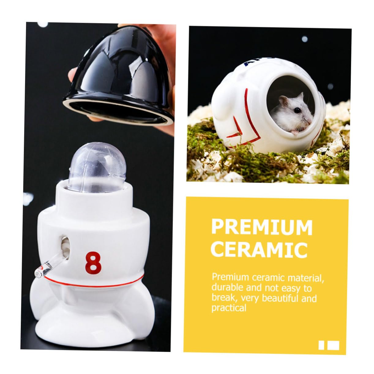 Housoutil 1juego Comedero y Nido De Hámster Cerámico Temática Espacial Incluye Cuenco Bebedero De Astronauta y Baño De Cohete Accesorios para Mascotas Pequeñas