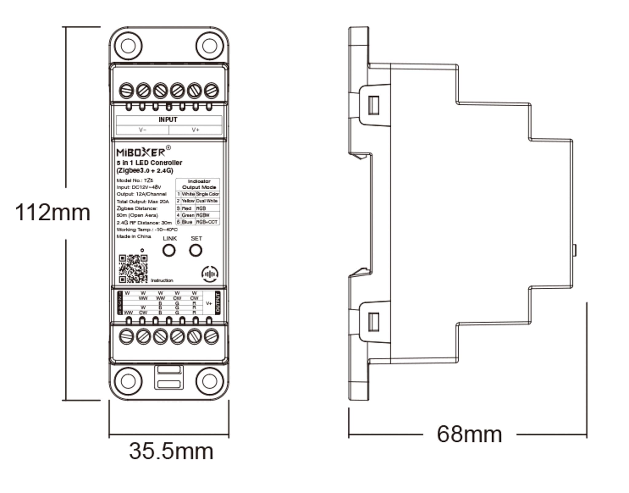 MiBoxer TZ5 5 en 1 LED Din Rail Controller Zigbee 3.0 + 2.4G RF | DC 12 – 48 V | 12 A por canal
