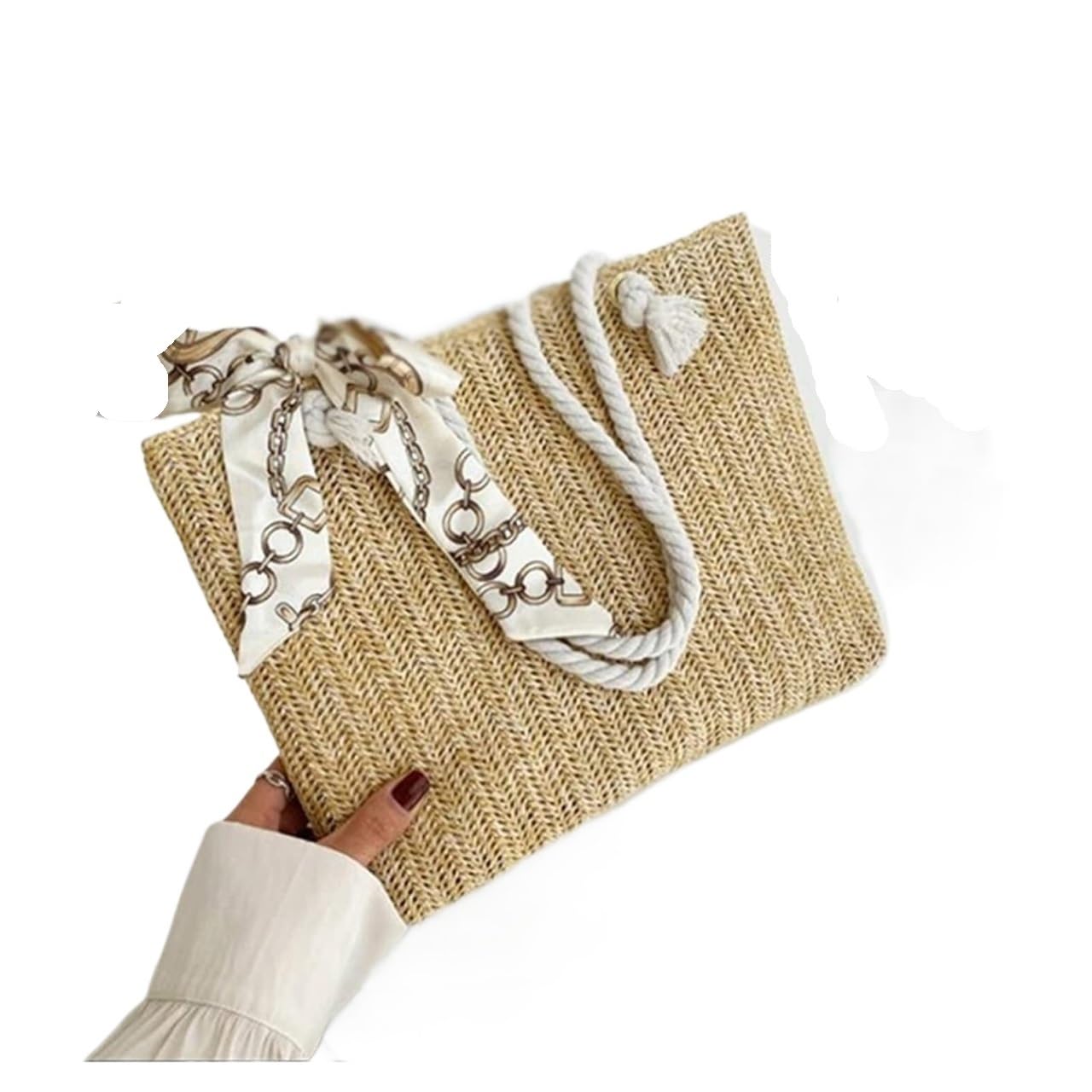 Bolso de Paja Bolso De Hombro Tejido Paja, Playa Verano para Mujer, Mano Ligero Hecho A Informal para Vacaciones con Bufanda Seda Mujer(Blue,Pink,Black)