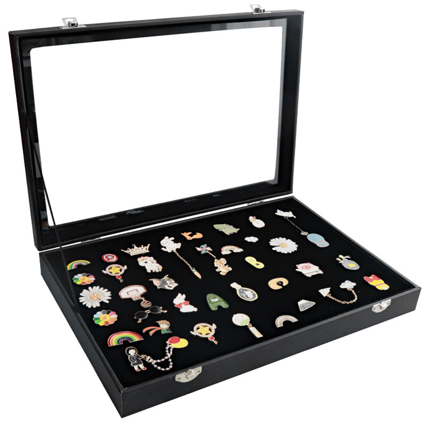 HOORayeah Badge Display Box - 13.8 X 9.5 X 2.0 Inches Pin Case With Velvet Pad and Glass Top for Medals, Badges, Ribbons, Brooches, and Jewelry
