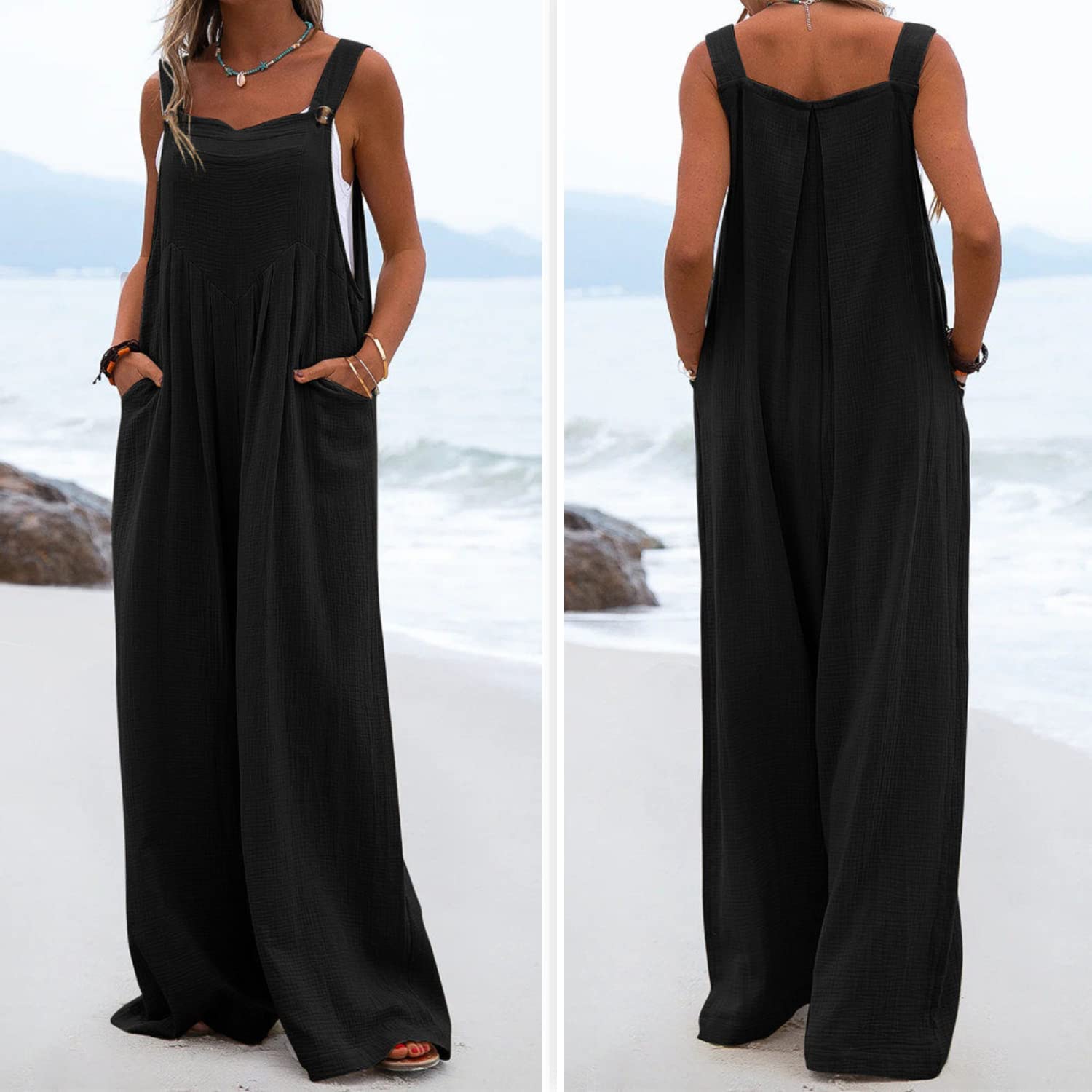 Overol para mujer, informal, holgado, overol para mujer, overol de gran tamaño, pierna ancha, con bolsillos, color sólido, talla grande 8-26, pantalones de verano
