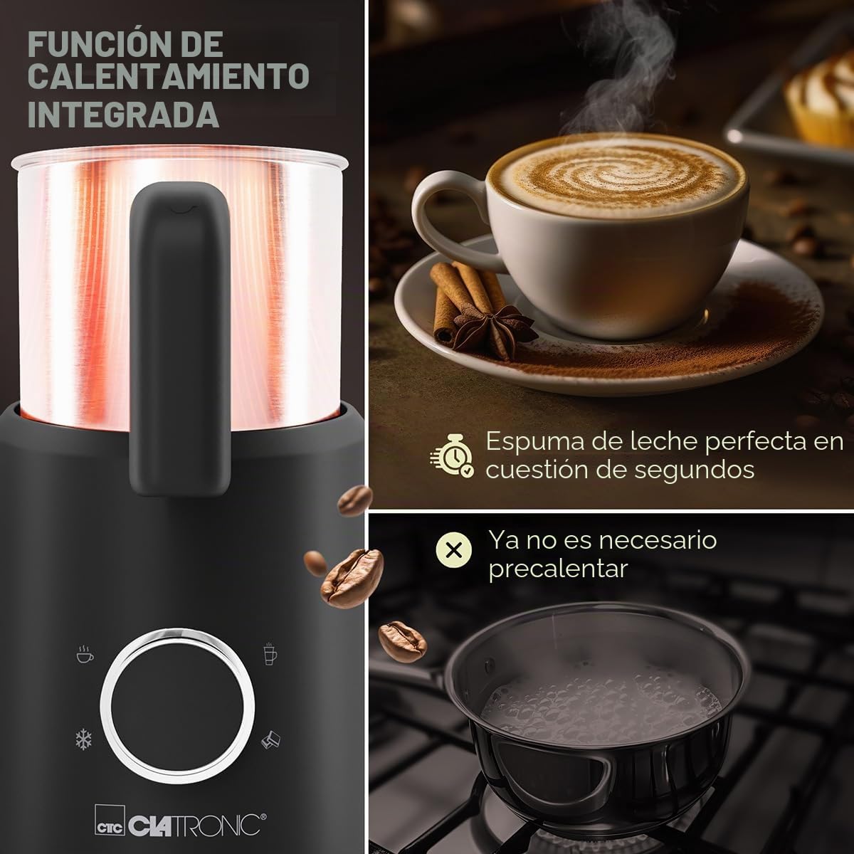 Clatronic® Espumador de leche eléctrico | con función de calentamiento | espuma caliente y fría | para una espuma espesa y cremosa | 740ml | espumador de leche eléctrico | MS 3812