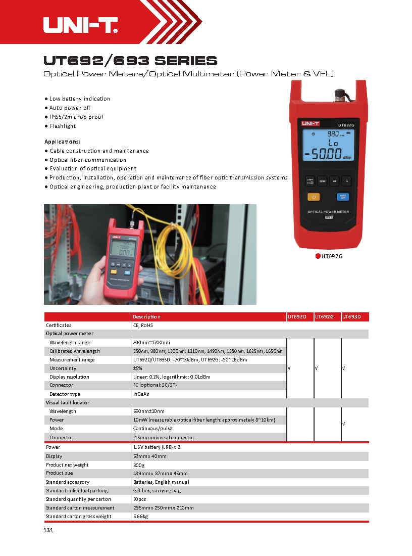 UNI-T UT693D Optical Multimeter Power Meter & VFL Detector Type InGaAs Drop Test 2m IP65