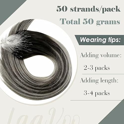 Miniatura 4 de LaaVoo Extensiones de cabello humano con microcuentas de 14 pulgadas, color negro apagado a gris plateado, 1.76 oz50 s, extensiones de cabello