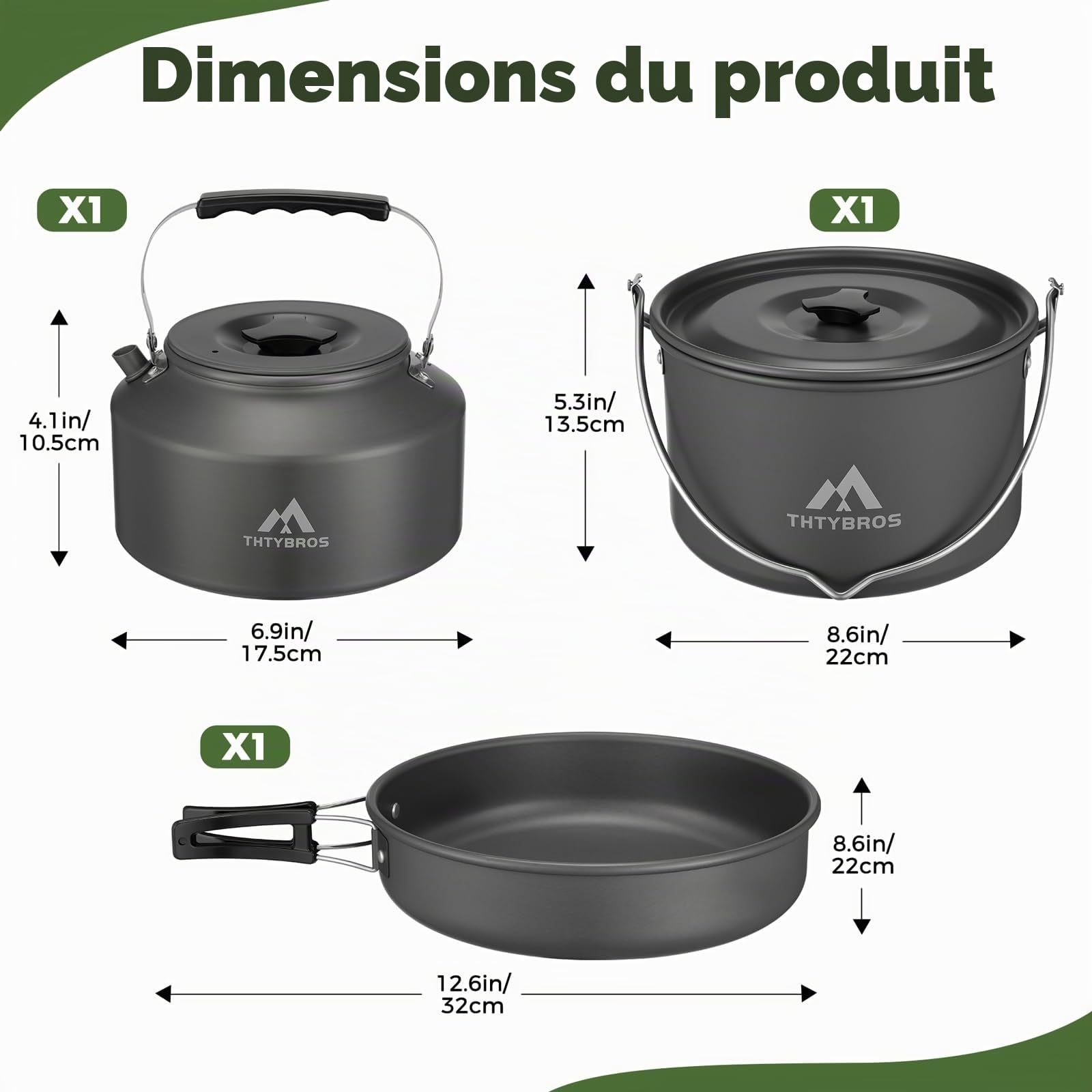 THTYBROS Kit de Cuisine de Camping 43 pièces en Aluminium Robuste pour 6 Personnes, avec Casserole, Bouilloire, poêle, gobelets et Vaisselle pour randonnée et Pique-Nique