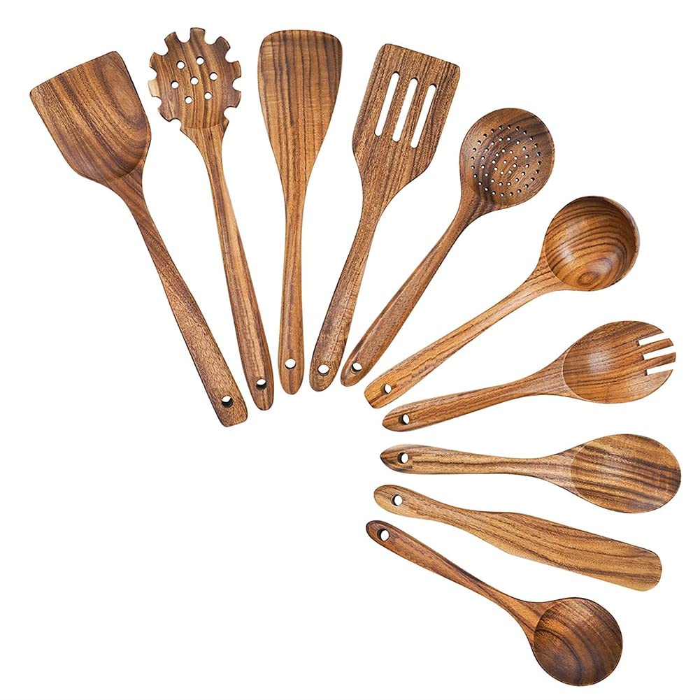 CTRLZS Wooden Cooking Utensils, Kitchen Utensils Set with Teak Wood Spoons and Wooden Spatula for Cooking