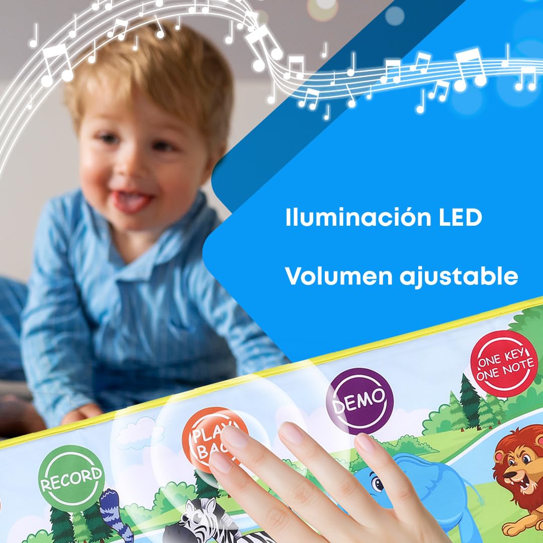 NK Alfombra Musical para Bebé con 8 Sonidos de Animales LED - Piano Infantil Juguete para Niños 3 4 5 años, Regalo Original Montessori Cumpleaños Navidad, Plegable, Función Record/Playback (110x36cm)