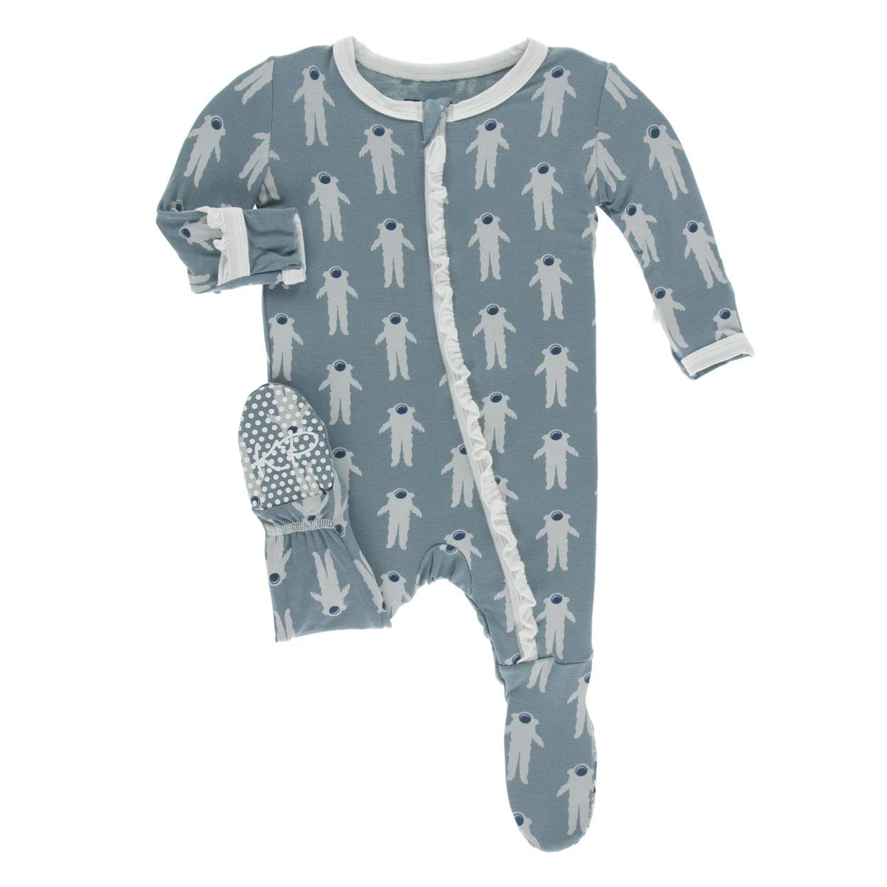 KicKee Pants Little Girls Print Classic Ruffle Footie with Zipper - Dusty Sky Astronaut, Newborn