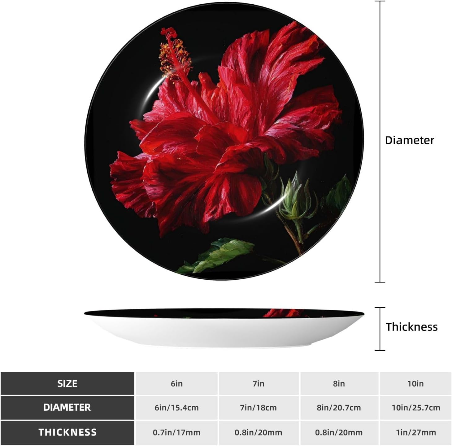 Decorative Plate 10in Dessert Plate Ornament Ceramic Plates with Display Red Hibiscus Bone China Decorative Plat Stand Hanging Porcelain Plate for Home Wall Decor