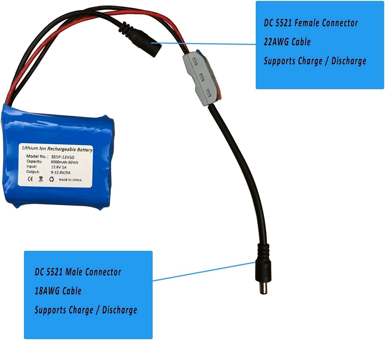Seasider 12V 5000mAh Li-ion Battery Pack, Bare Leads Wire Lithium Replacement Battery with 12V Charger for 12 Volt Device RC Car, Robot, DIY, LED Light Strip