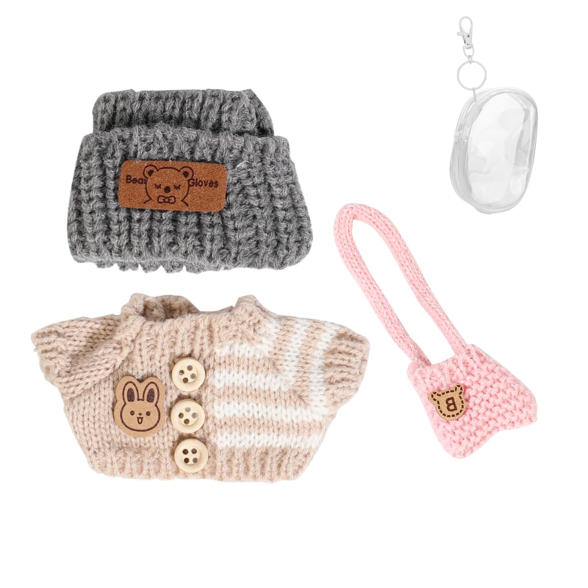 Clothes Set for 17cm Doll, Hat Suit Ornaments Accessories Set for Any 17cm/6.7inch Doll[With Clothes Storage Bag] (Grey Hat/Rice Jacket/Pink Bag)