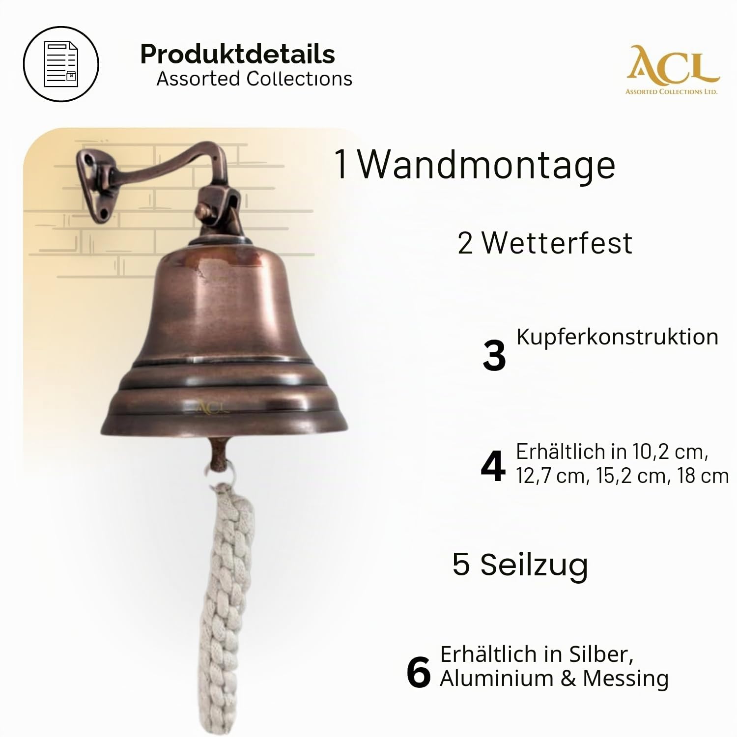 ACL Home Pub Bar Zubehör Handtürklingel - Wandmontierte Bar-Türklingel Nautische Dekorationen - Einzigartige Kupfer-Türklingel mit Lauten und knackigen Klängen Ideal für Weihnachten, 8-Zoll-Pub