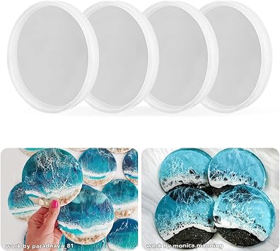 RESINWORLD 4 Pack 4 inch قوالب كوستر مستديرة سميكة ، قوالب سيليكون كوستر لصب الراتنج ، قالب صب سيليكون عقيق الجيود