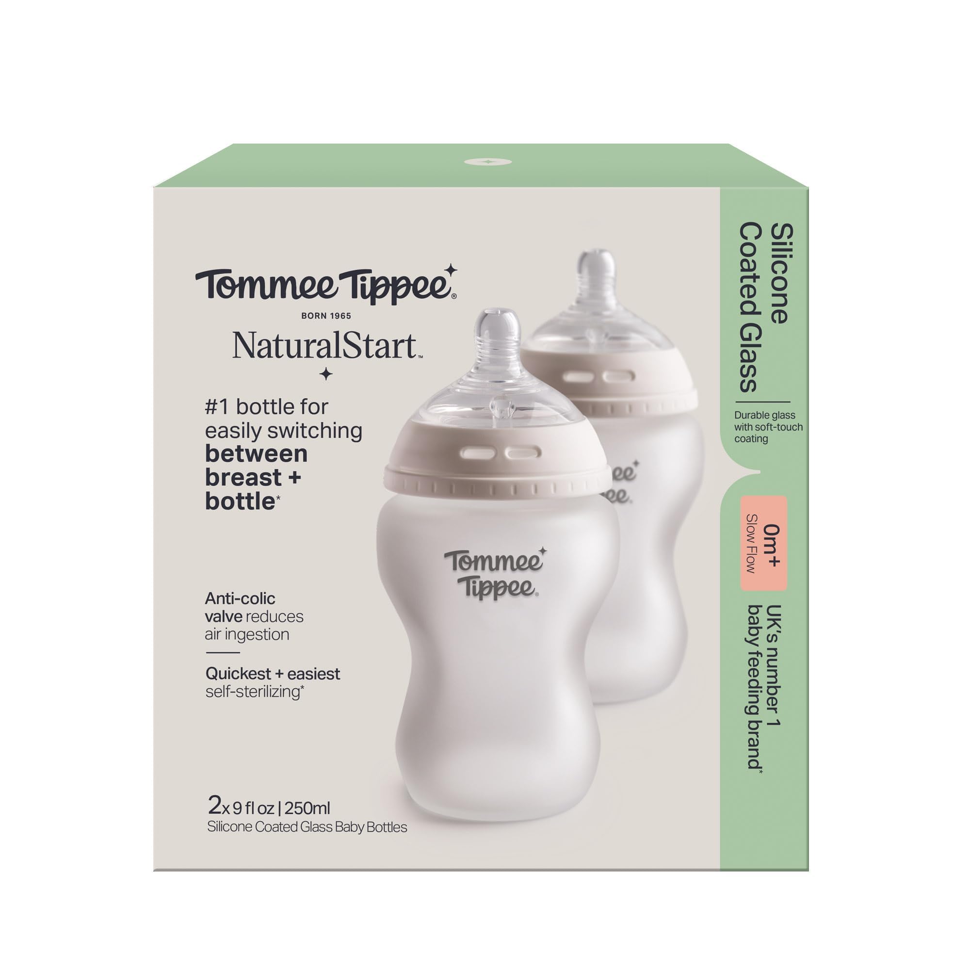 Tommee Tippee Biberons en verre enveloppé de silicone Natural Start, Dès la naissance, 250 ml, Lot de 2
