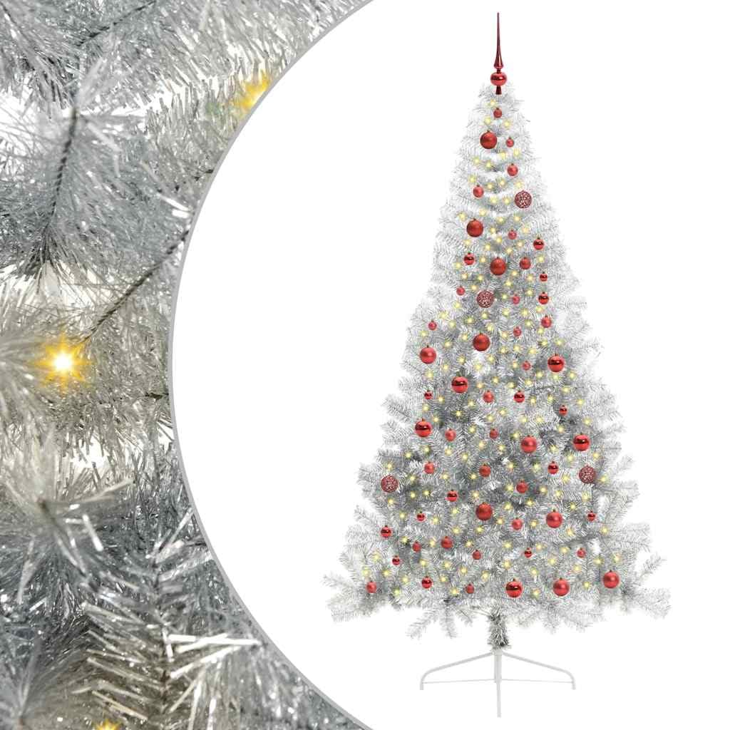 Sztuczna podświetlana choinka srebrna, 210 cm, PET odporna na promieniowanie UV, 300 diod LED o ciepłej białej barwie, do użytku wewnątrz i na zewnątrz, ze stojakiem i kulkami