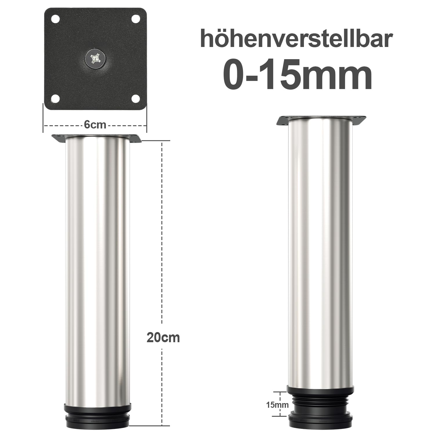 Juego de 12 patas para muebles, altura regulable, altura de 200 mm, con tornillos para muebles personalizados, patas de muebles de cocina, patas redondas de acero inoxidable