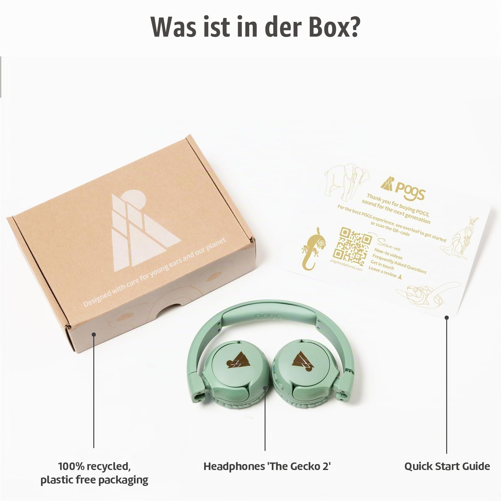 POGS Drahtloser Bluetooth Kinderkopfhörer | The Gecko 2 | Faltbarer robuster Kinderkopfhörer ab 3 Jahren | Lautstärkebegrenzung 70-85 dB | Mikrofon | On-Ear | Drahtlose Musik-Sharing-Funktion (rGrün)