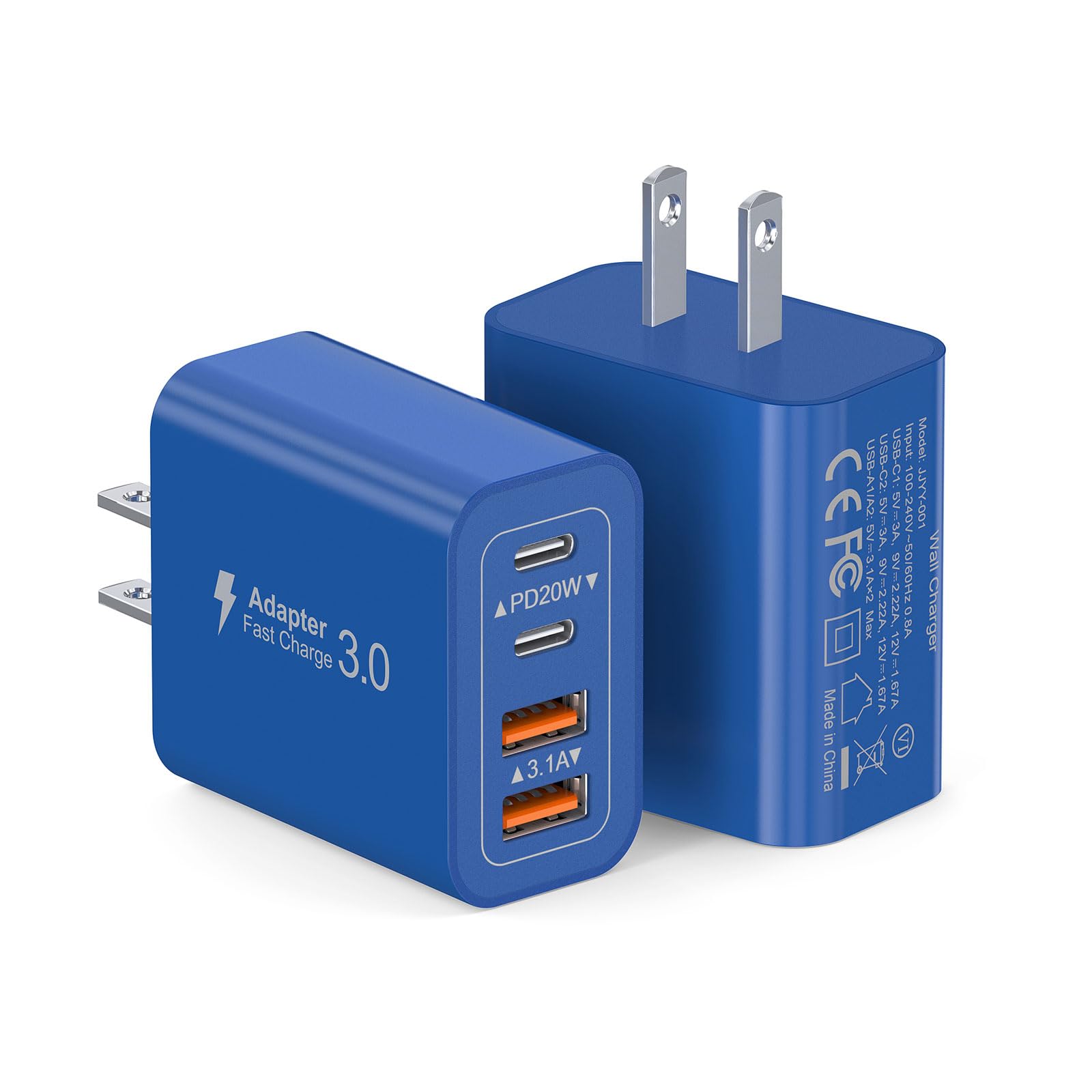 40W USB C Super Fast Charger Cube, 2 Pack PD + QC Charging Block Power Adapter 4 Port Wall Mount Plug for iPhone 16 15 14 13 12, Motorola, LG, Google Pixel 6a/6 Pro/6/5a/5/4/4A Box Brick (Dark Blue)