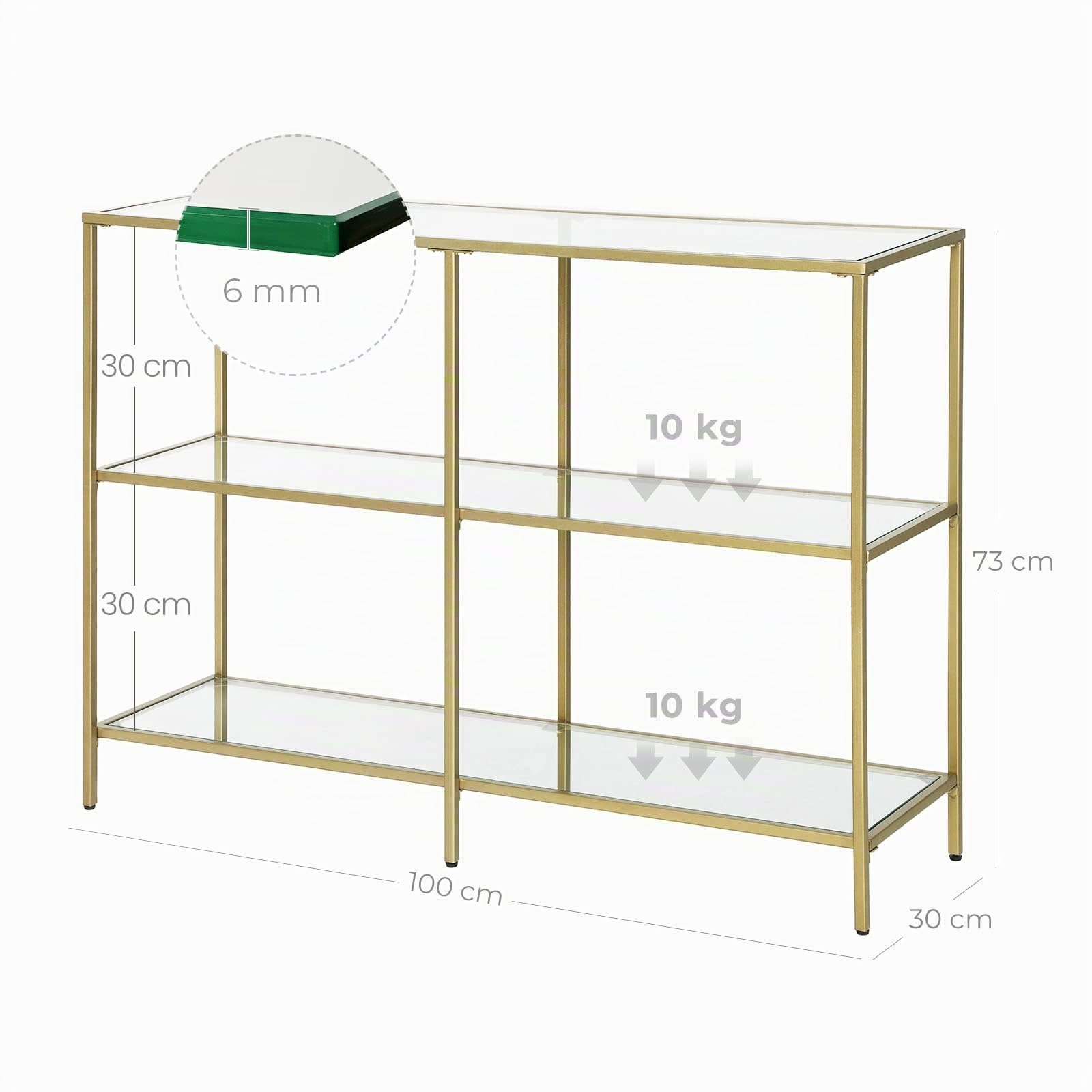 VASAGLE Table Console d’Entrée, Étagère à 3 Niveaux en Verre Trempé, 30 x 100 x 73 cm, Cadre en Métal, Style Moderne, pour Couloir, Salon, Chambre, Doré Métallique et Transparent LGT27G