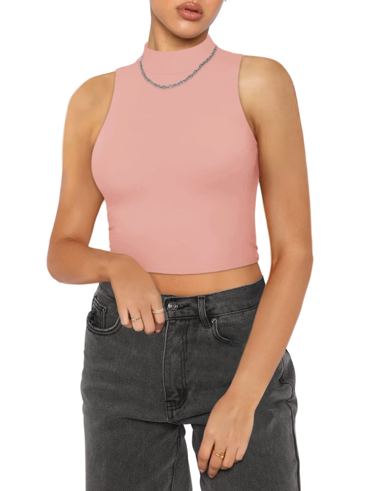 REORIA Women's Summer Casual Basic Mock Neck Sleeveless  L