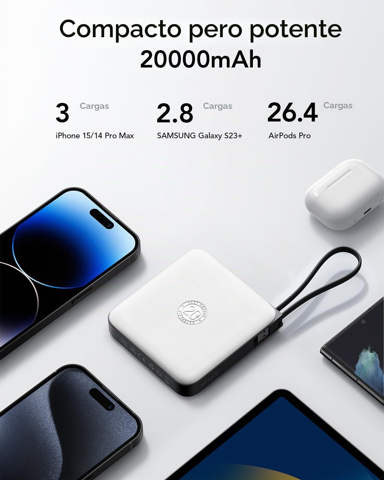 VRURC Power Bank - Batería externa (20000 mAh, 4 cables, carga rápida de 22,5 W)