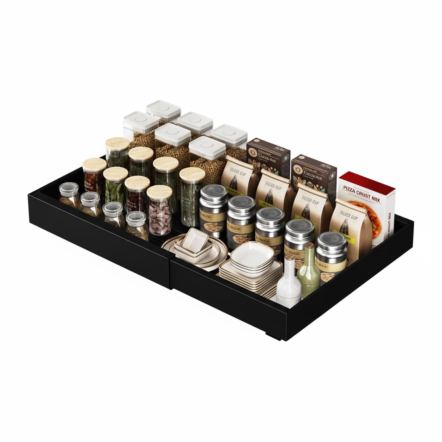 Avilia - Cassetto Universale Estraibile e Espandibile in Acciaio con Binario – Organizer per Mobili, Cucine e Dispense – Montaggio Adesivo - Ripiano Salvaspazio (Nero, 30-50x43,5x7 cm)