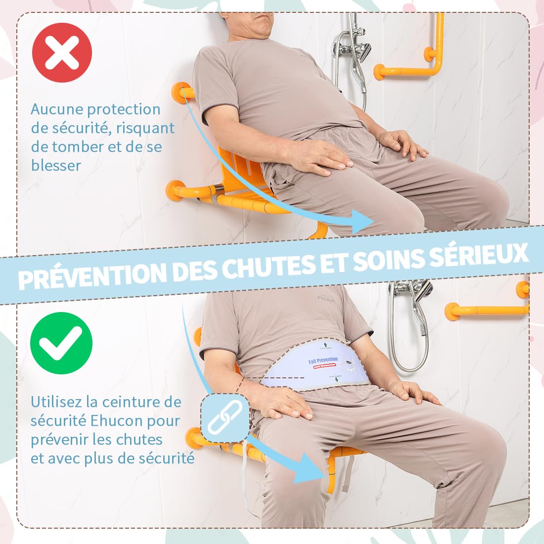 Cinturón antideslizante para asiento de ducha para ancianos o discapacitados, prevención de caídas, adecuado para el cuidado en el hogar o enfermería
