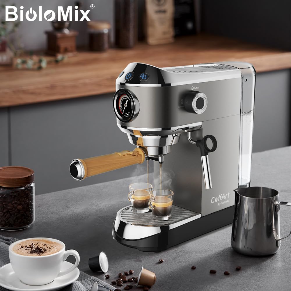 Biolomix Espressomaschine mit Milchaufschäumerstab für Espresso, Cappuccino, Latte und Mokka Wahlweise eine oder zwei Tassen (CM7008+Milchschaumtasse)