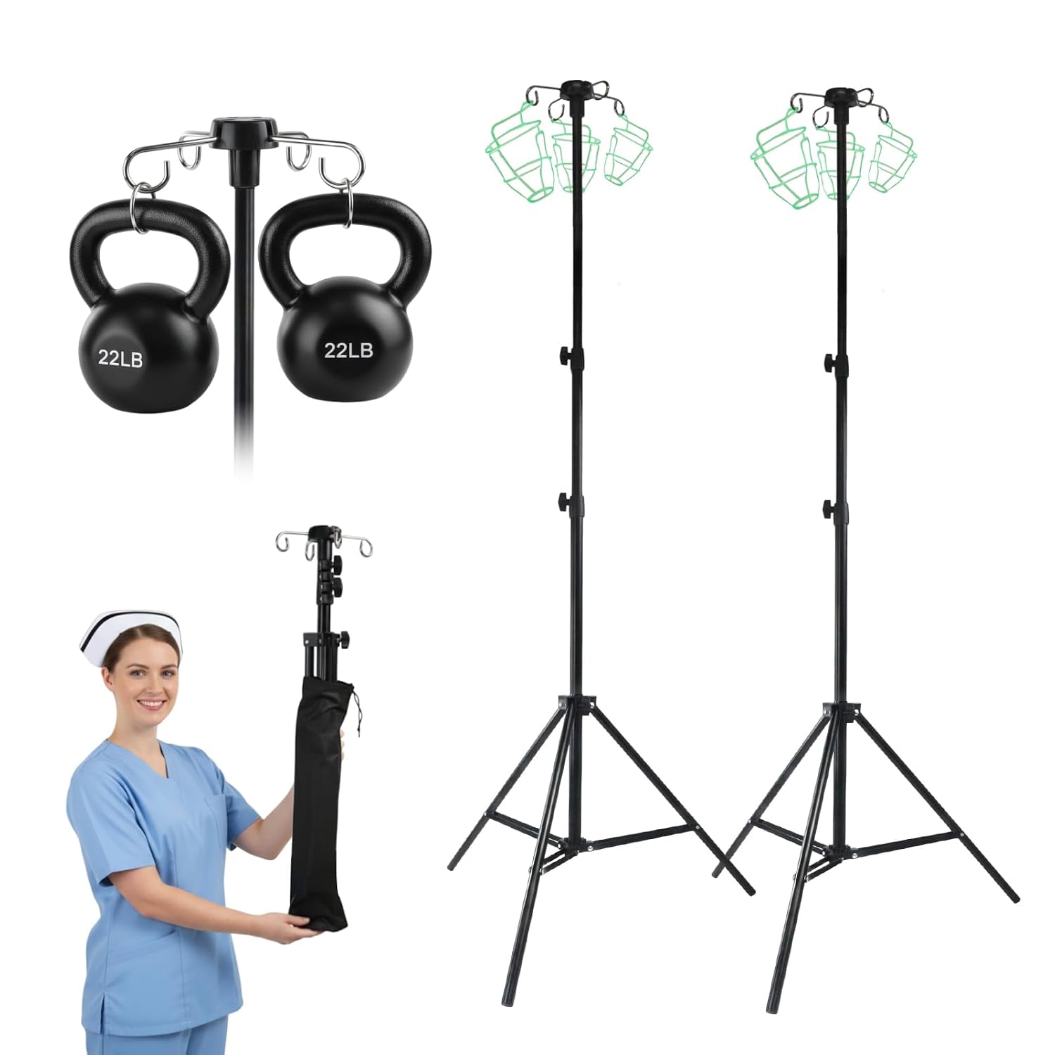 4 Pcs Portable IV Pole with Storage Bag, Adjustable Height 31.5 to 74.8 inch Telescopic Tripod Medical Iv Poles with 4 Hooks Stainless Steels Infusion Floor Stand for Hospitals, Home, Travel (4)