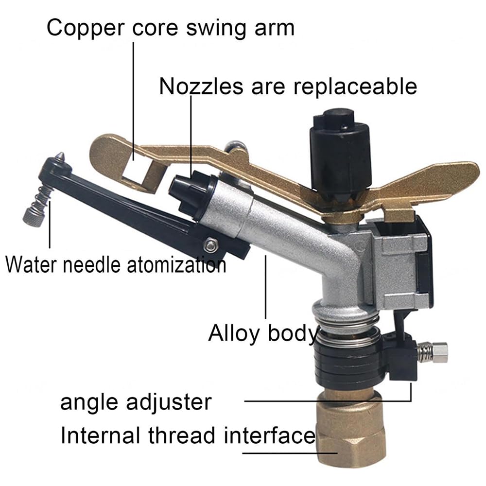 Pistolet natryskowy z metalowym ramieniem wahadłowym, 25 mm nawadniacz do nawadniania rolniczego, pistolet natryskowy o 360°, obracające się zraszacze rolnicze, 2 dysze wymienne